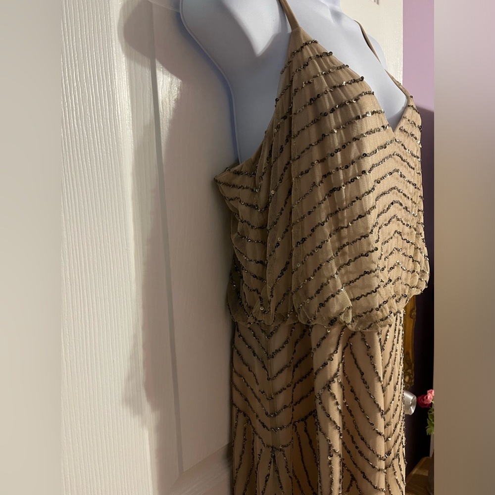 ADRIANNA PAPELL ART DECO BEADED BLOUSON GOWN IN TAUPE PINK SIZE 16 - Picture 8 of 17